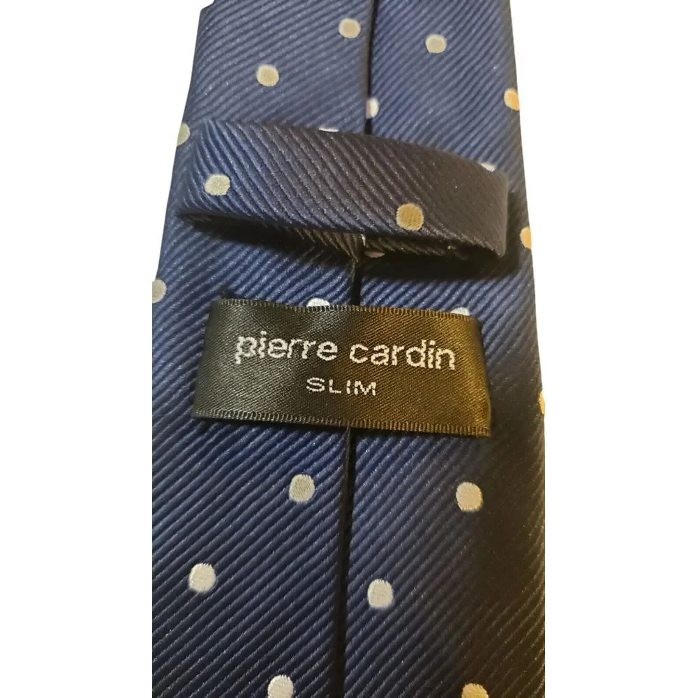 Pierre Cardin Neck Tie Mens Navy White Polka Dots Slim Business Suit‎ Church